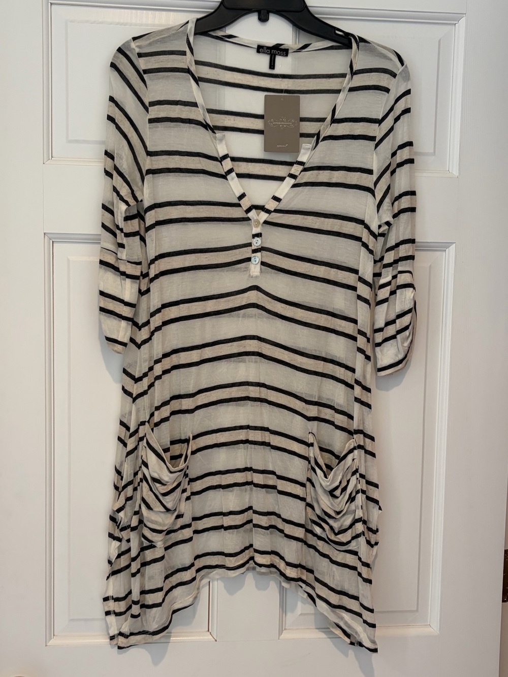 NWT Anthropologie Ella Moss Cream and Black Striped V-Neck Tunic with Pockets